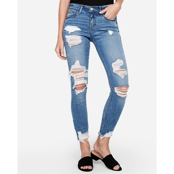 Express Denim - Express Mid Rise Medium Wash Ripped Ankle